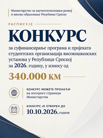 За суфинансирање програма и пројеката студентских организација високошколских установа у Српској ове године 340.000 КМ